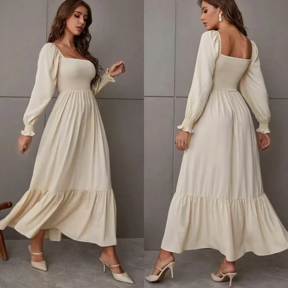 Shirred bust square neck long sleeve ruffle maxi dress boho gypsy rust brown - Picture 2 of 10